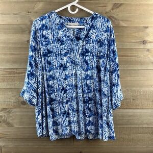 Woman Within Womens Shirt 3/4 Sleeve Tab Front Tunic Vneck Watercolor Boho 22 24